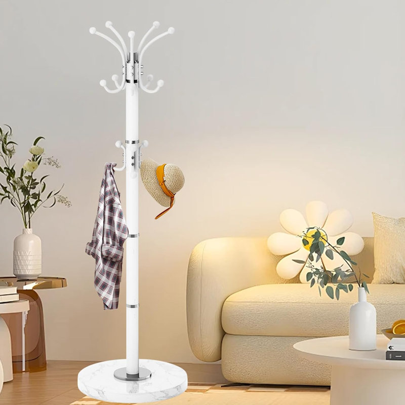 Modern Metal Coat Rack Stand, Coat Rack Freestanding with Natural Marble Base.16 Hooks, Black