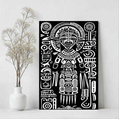 1Pc Framed Canvas Poster Print Totem mask, geometric abstract pattern, primitive tribal art style Wall Art, Wall Decor, Perfect for Room Decor Living