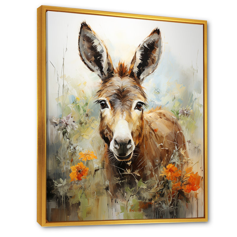 Donkey Flower Meadow - âne, art mural, H 44 po x l 34 po x P 1,5 po, Cadre flottant doré