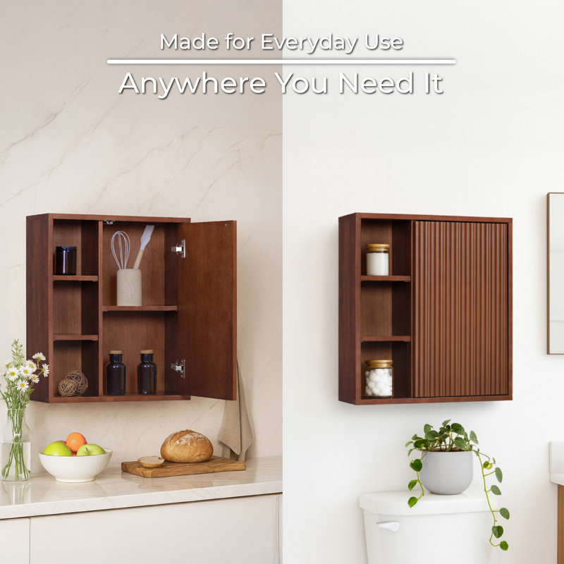 Tremolo Wall Bathroom Cabinet with Open Storage Compartments & 1 Fluted Door, Walnut