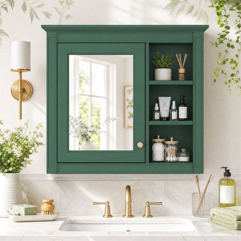 Armoire à pharmacie murale de 76 cm (30 po) avec miroir et 3 tablettes ouvertes, verte, Green