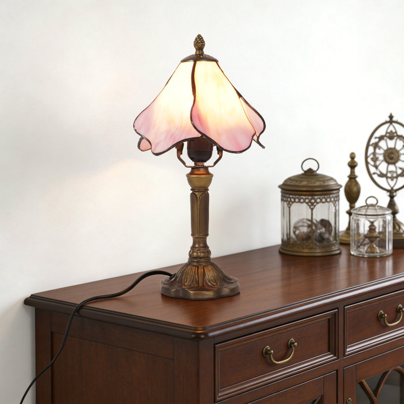 14" Tiffany Style Table Lamp With Floral Stained Glass Shade (Bulb Include)