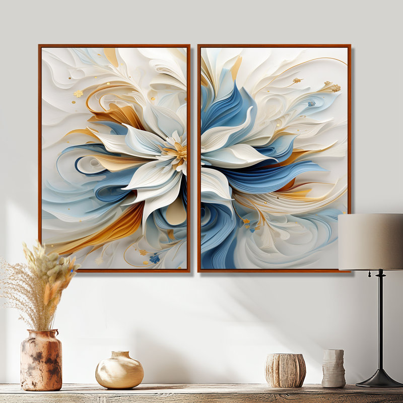 Abstrait fleur de magnolia blanc, bleu ambre - art mural bleu, 36" H x 48" W, Impression encadrée flottante, Brown