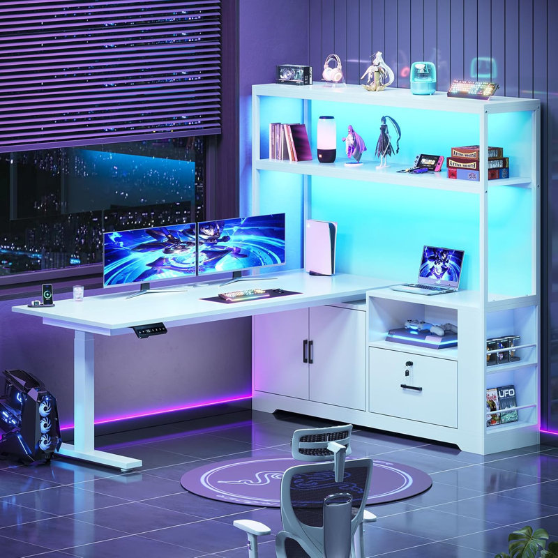 L Shaped Standing Desk, Adjustable Height Desk Reversible Computer Office Desk With Drawers & Hutch, White