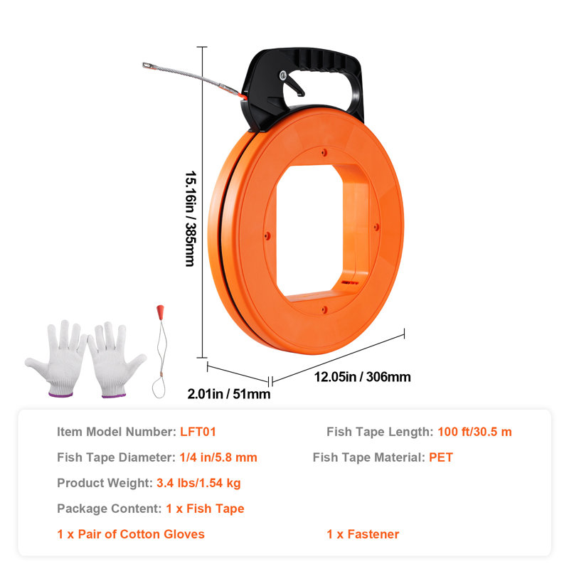 Extracteur de ligne de câble métallique pour poissons avec étui en plastique 100 pi 1/4 po