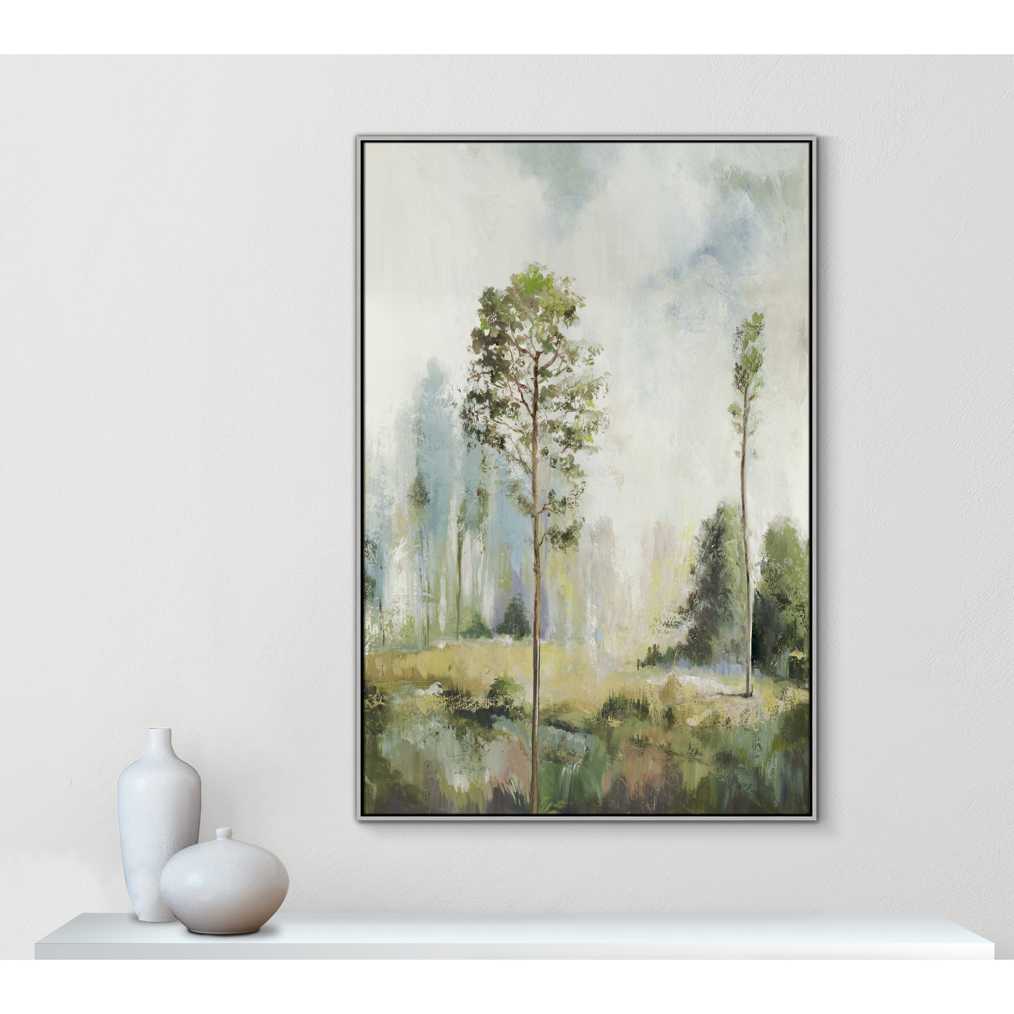 Tall Green Trees I by Teton Pearce - Floater Frame Print on Canvas, 61.5" H x 41.5" W, Silver