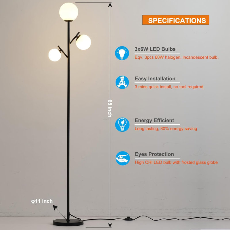 3 Globe Mid Century Modern Floor Lamp - Arcing Rustic Standing Tree Lamp With LED Bulbs & Frosted Glass Shades For Living Room, Bedroom, Office