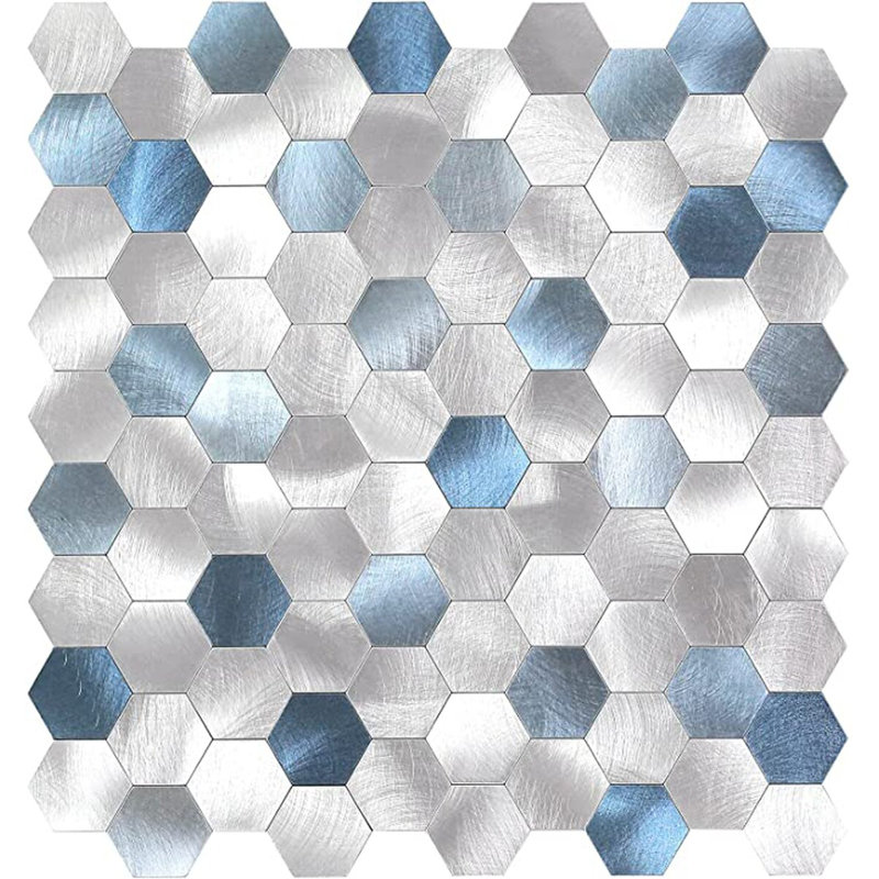 Carreau de mosaïque auto-adhésif en métal 12 po x 12 po, Bleu / argent