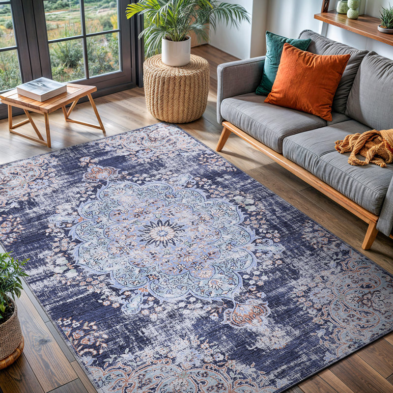 Koressa Oriental Blue Machine Washable Area Rug, Rectangle 7'10" x 10'