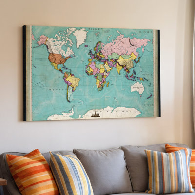 Toile, une carte du monde rétro avec une palette de couleurs pastel, art mural avec des pays délicats dans des tons délicats de rose