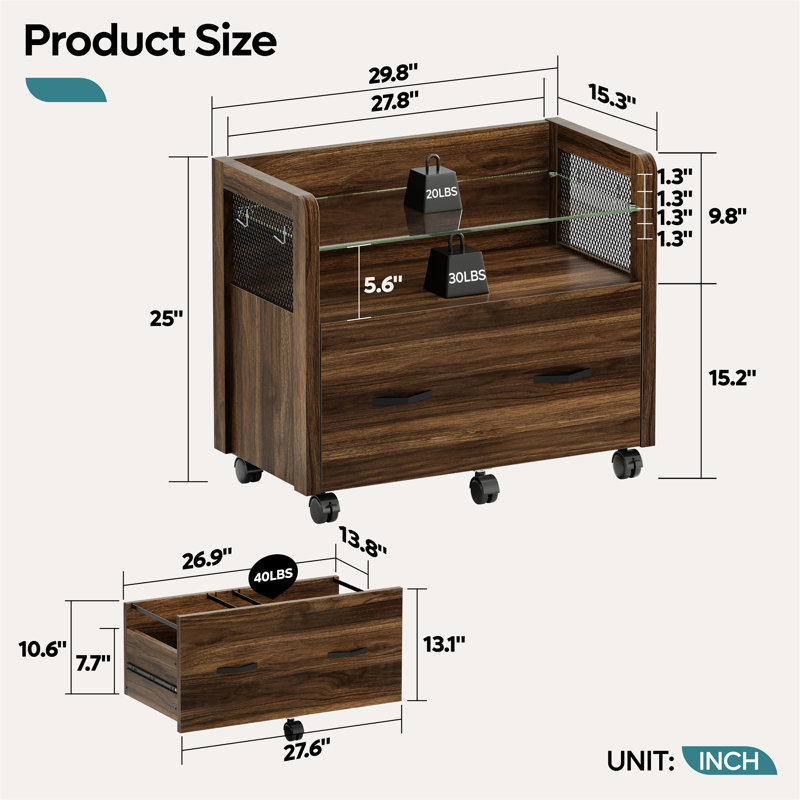 Preble Mobile File Cabinet with Drawer and Hooks, Brown