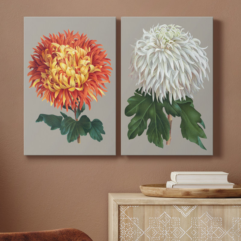 «Chrysanthemum on Grey I», ensemble de 2 reproductions d'art, H 36 po x l 24 po x P 1 po, Toile tendue, Pas de tapis