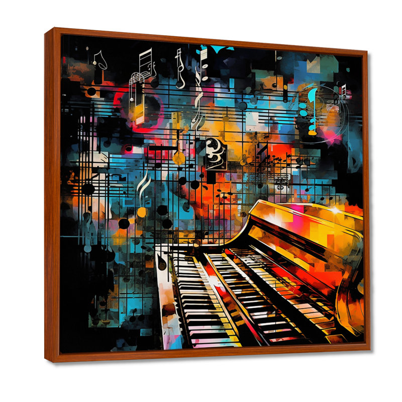 «Colorful Piano Retro Collages 90S I», art mural piano, Toile avec cadre flottant brun, H 36 po x l 36 po x P 1,5 po