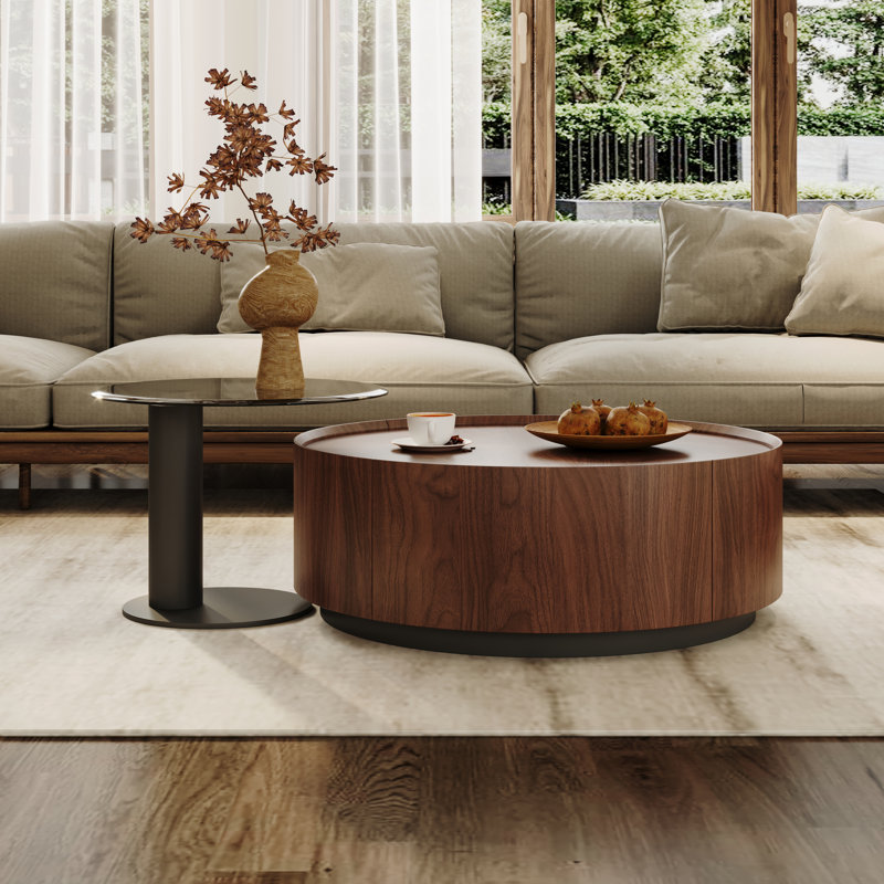 2-Piece Modern Round Nesting Coffee Table Set with 8mm Tempered Glass Top & Dual Storage Drawers - Space-Saving Walnut Wood Accent Tables for Living Room, Home Office