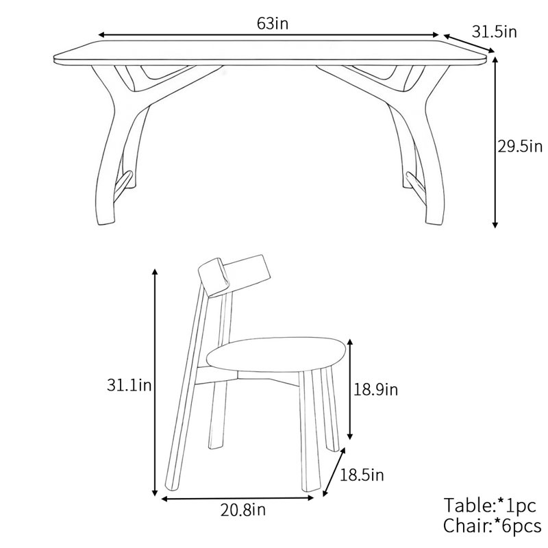 Ensemble de table de salle à manger rectangulaire moderne français, H 29,5 po x L 63 po x l 31,5 po