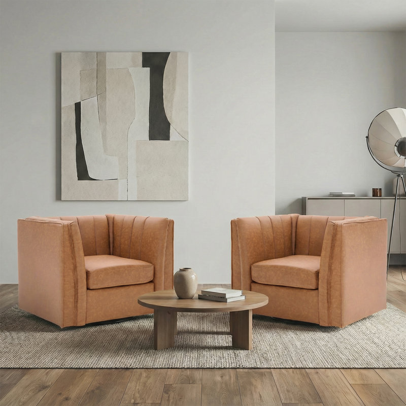 35.4'' Wide Upholstered Faux Leather Mid-Century Swivel Channel Tufting Accent Chair, Brown Faux Leather
