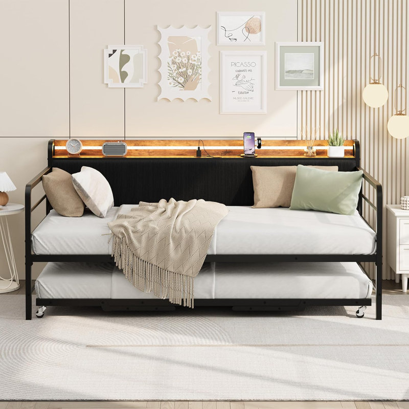 Daybed with Trundle and LED Light, Sturdy Metal Twin Size Bed Frame with Corduroy Upholstered Headboard and Charging Station