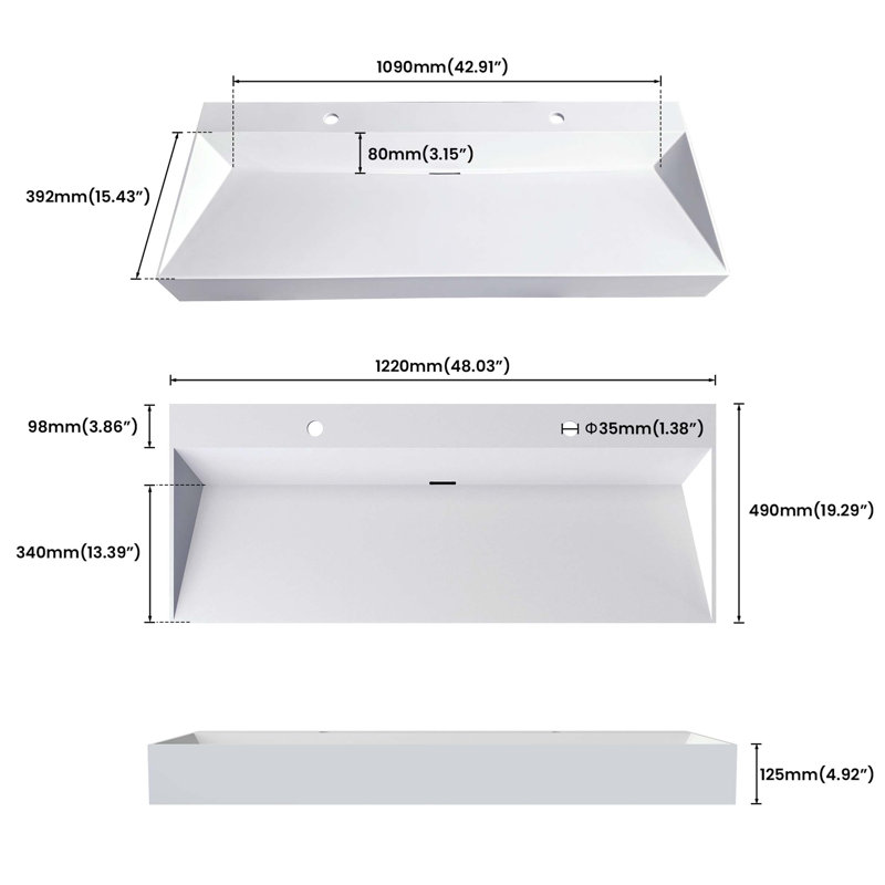 48-inch Solid Surface Bathroom Basin with Matte Finish, Dual Faucet Holes, Integrated Drainer, and Exceptional Durability for Long-Term Use.