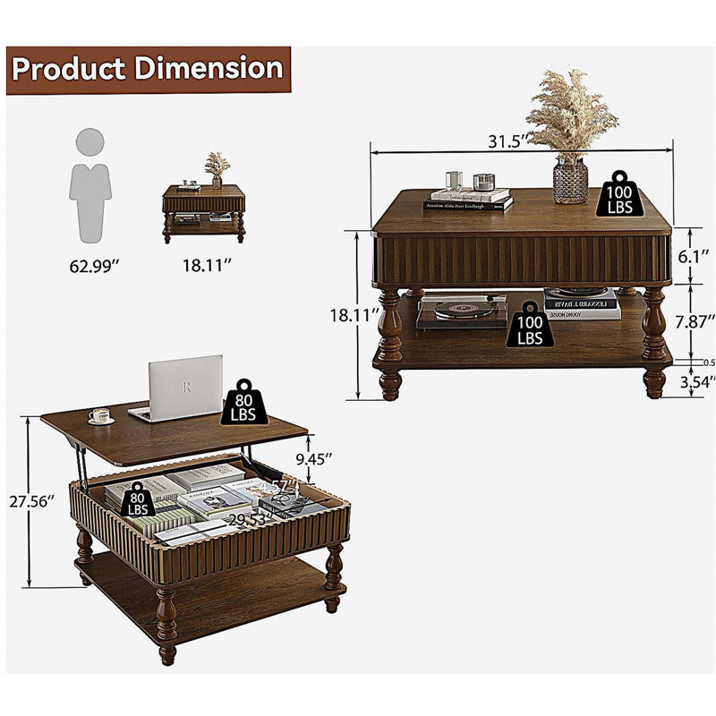 Table basse à plateau relevable cannelé 31,5 pouces avec rangement ouvert et caché, mécanisme de levage hydraulique, pieds en bois massif rétro pour le salon, canapé (noyer)