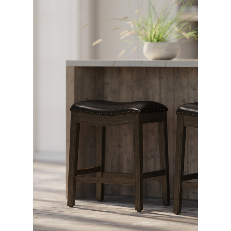 Maven Lane Adrien Backless Saddle Stool with Faux Leather Upholstery, Counter Stool (26" Seat Height), Marksman Saddle/Walnut