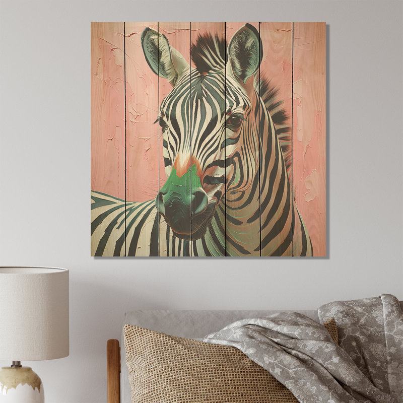 Rose et vert Boho Zebra I - Animal zèbre sur bois, H 15 po x l 15 po