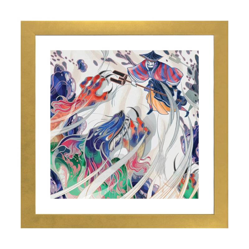 " Water Beast " by Sija Hong, White, Gold Framed Paper, 24" H x 24" W x 1" D