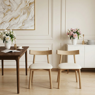 Chaises de salle à manger Mid-Century modernes en bois avec siège en similicuir blanc