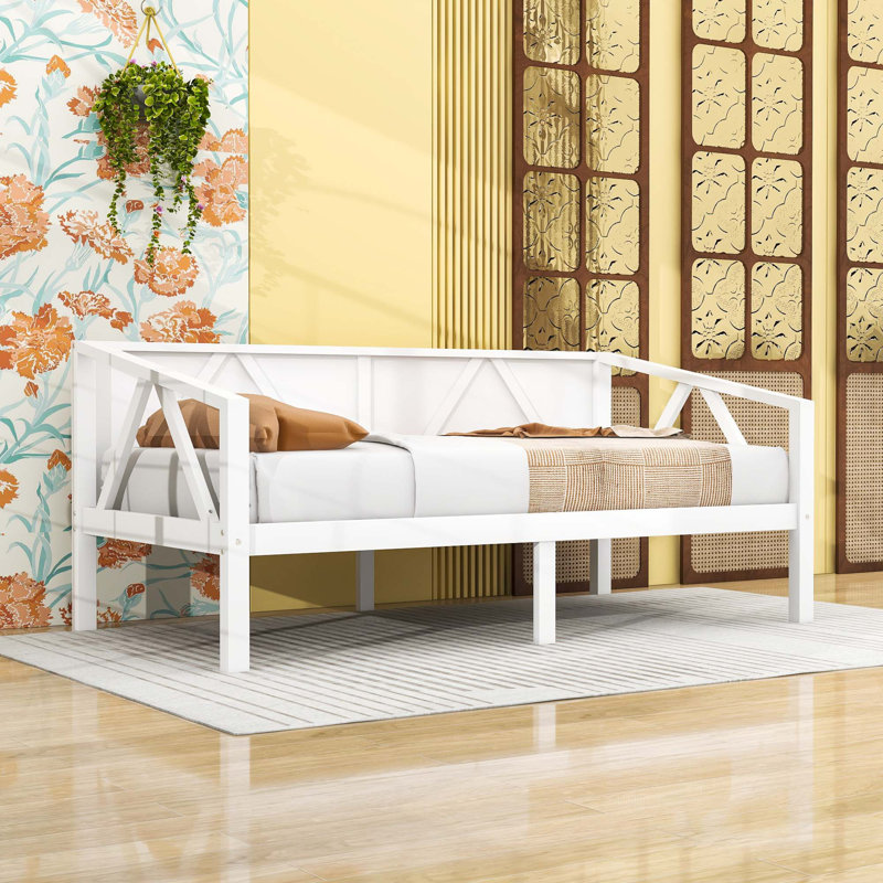 Lit de jour en bois avec pieds centraux et rangement sous le lit, Lit simple, Blanc