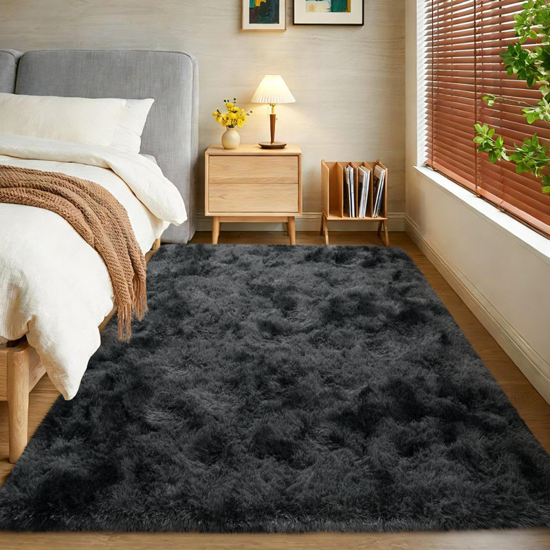 4x6 ft Tie-dyed Black Grey Shag Rugs for Living Room, Soft Non-Slip Fluffy Shagg Plush Bedroom Carpet, Large Area Rug for Nursery Kids Dorm Home Decor