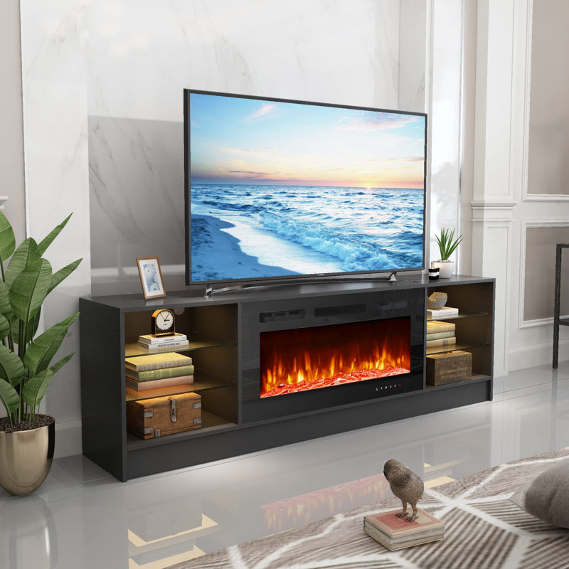 Jutin TV Stand for TVs up to 80" with Electric Fireplace Included, Black