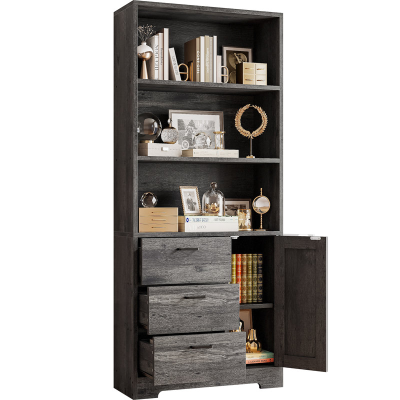 Bibliothèque moderne en bois de style moderne H 71 "avec porte et 3 tiroirs, tablettes ouvertes à 3 niveaux, Charcoal Grey