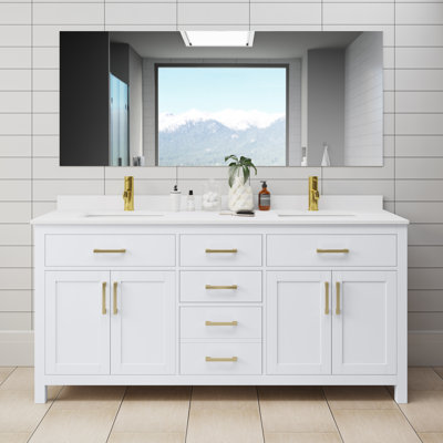 Meuble-lavabo double autoportant avec plateau en marbre de culture 72 po Beckett