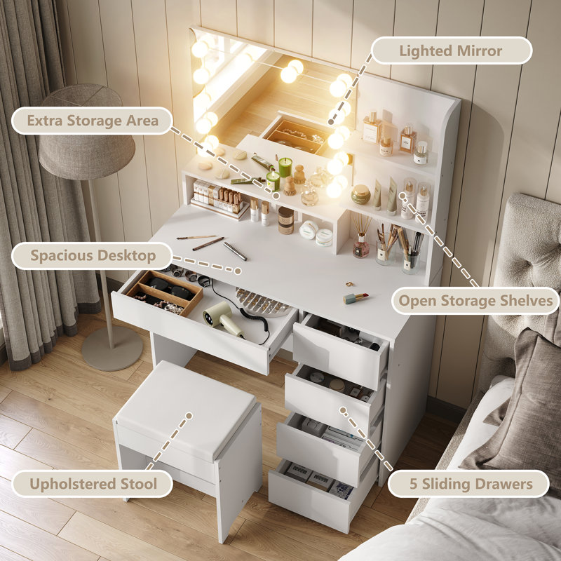 Shylo Makeup Vanity Desk with LED Lighted Mirror & 5 Drawers, Vanity Set with Stool for Bedroom, White