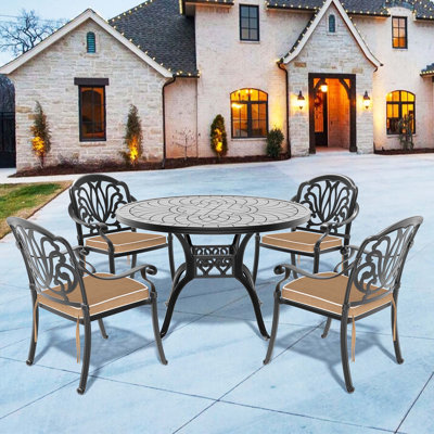 5-Piece Cast Aluminum Patio Furniture Set With Brown Cushions