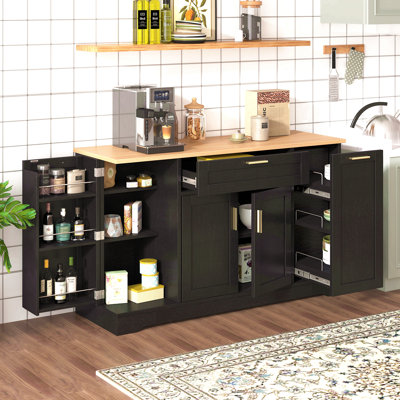 Multi-Functional Storage Sideboard, Extendable Dining Table, Adjustable Shelves, 3-Tier Pull-Out Rack, Kitchen Island Storage