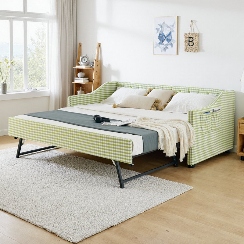 Lit de jour convertible 82 po simple rembourré avec dossier capitonné, lit gigogne escamotable, poches de rangement latérales, canapé-lit 3 en 1 pour petits appartements, chambres d'amis, chambres à coucher