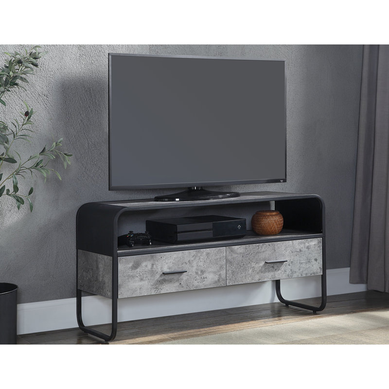 Table télé en béton gris et noir avec structure en métal et rangement pour petit téléviseur 1 support à compartiments ouverts de 39 po ou moins