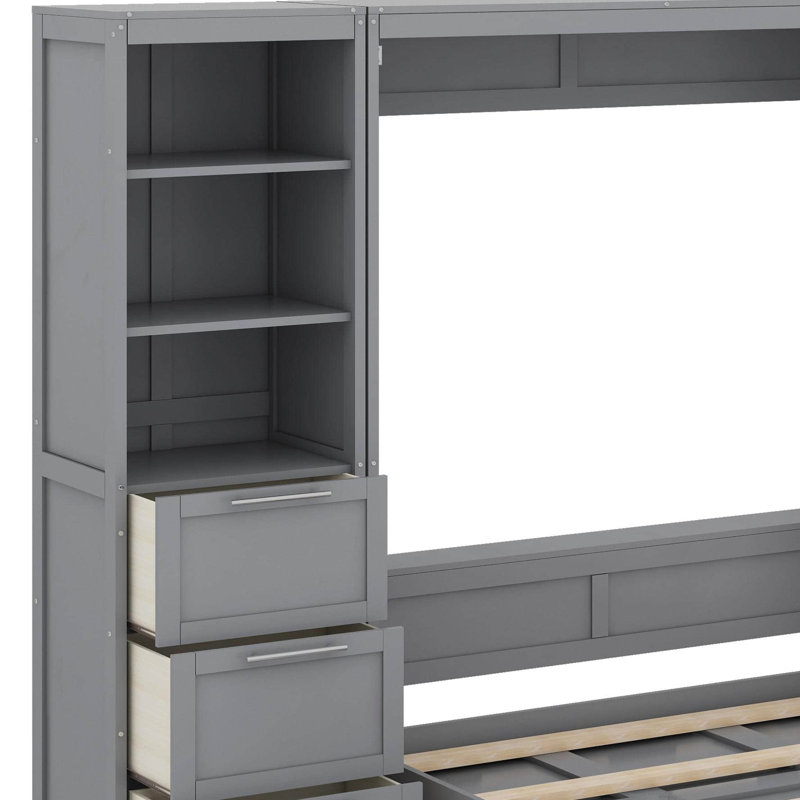 Grand lit escamotable avec tiroirs et tablettes, Gris