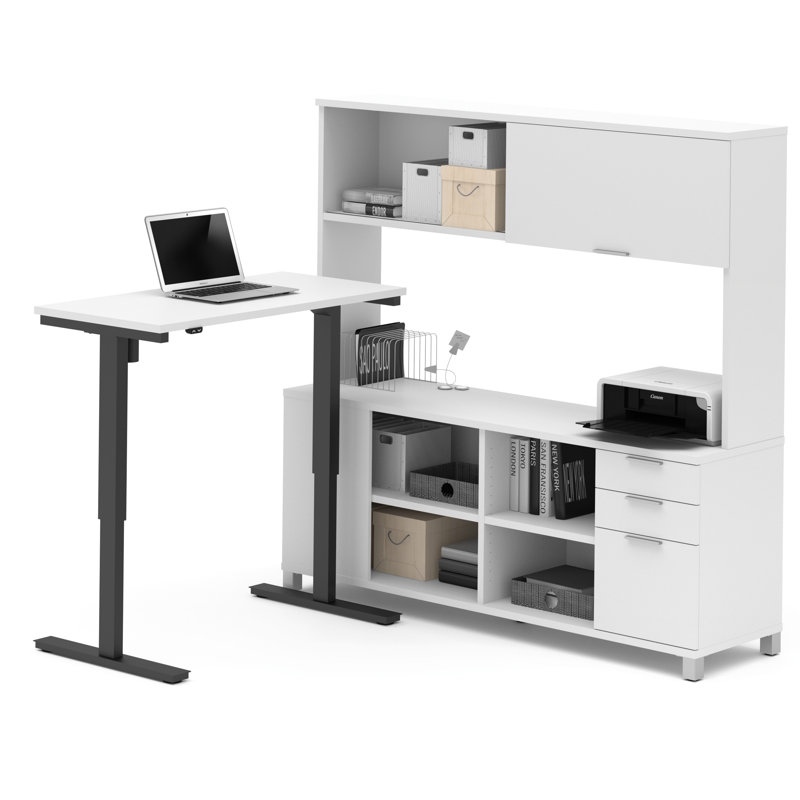 Ensemble de bureau Oriano avec pieds en métal, Blanc, 3 pièces (bureau à hauteur ajustable, bahut, bah