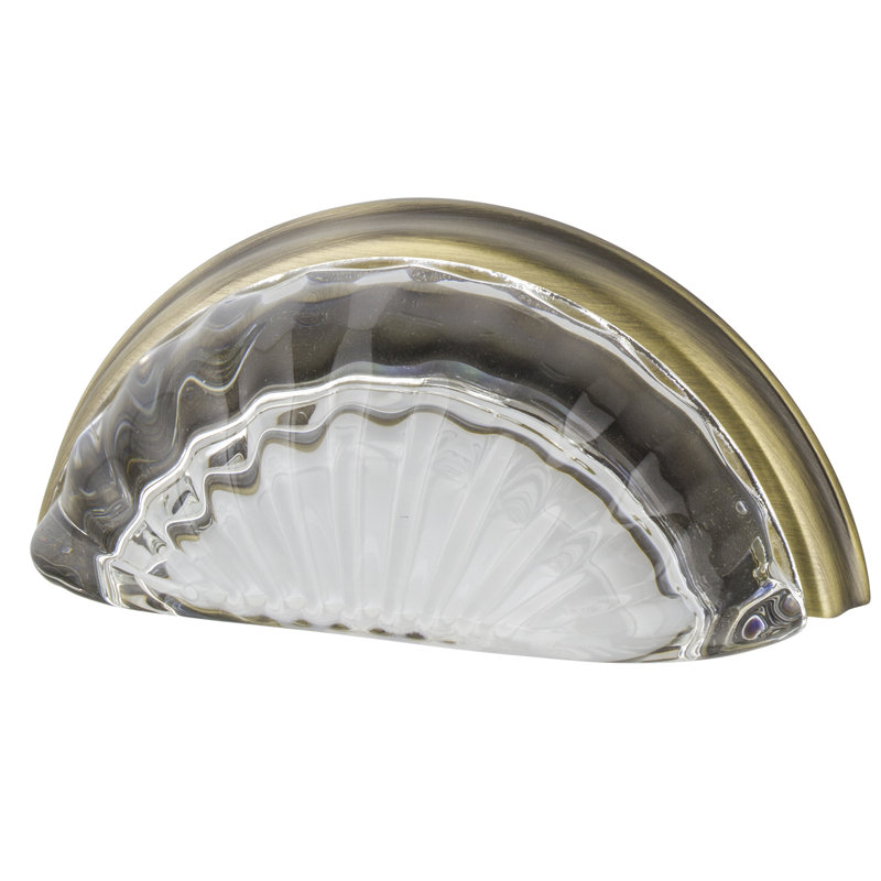 Clear Fluted 3" Center to Center Cup Pull, Antique Brass