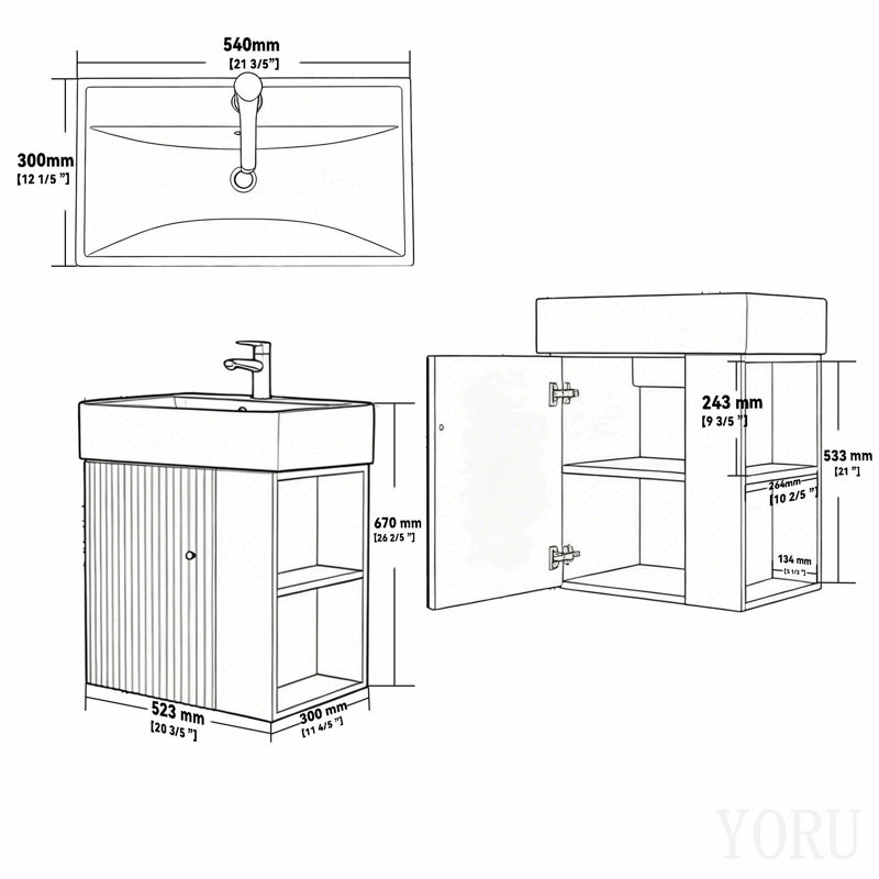 Ensemble de meuble-lavabo mural flottant 21,6 po avec armoire en contreplaqué mural avec lavabo en céramique et portes à fermeture en douceur pour petites salles de bain, blanc