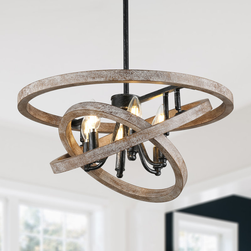 Lustre en bois massif à 6 lumières avec abat-jour en métal et abat-jour ajustable Farmhouse