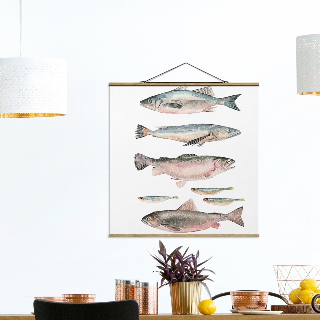 Stoffbild Mit Posterleisten - Sieben Fische In Aquarell I - Quadrat 1:1