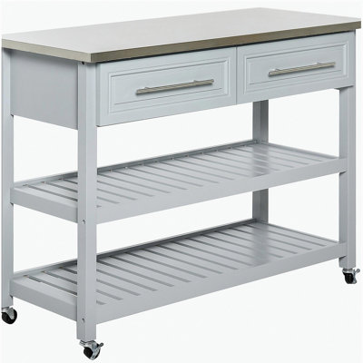 HOMCOM Kitchen Island with Stainless Steel Top, Traditional Kitchen Island with Storage, 2-Tier Open Shelves, Drawers, Light Gray
