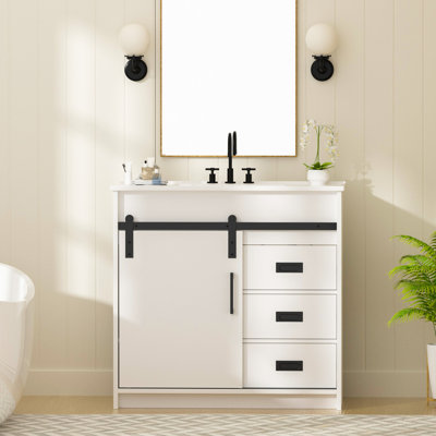 36” Bathroom Vanity With Sink, Bathroom Vanity Cabinet With Sliding Barn Door