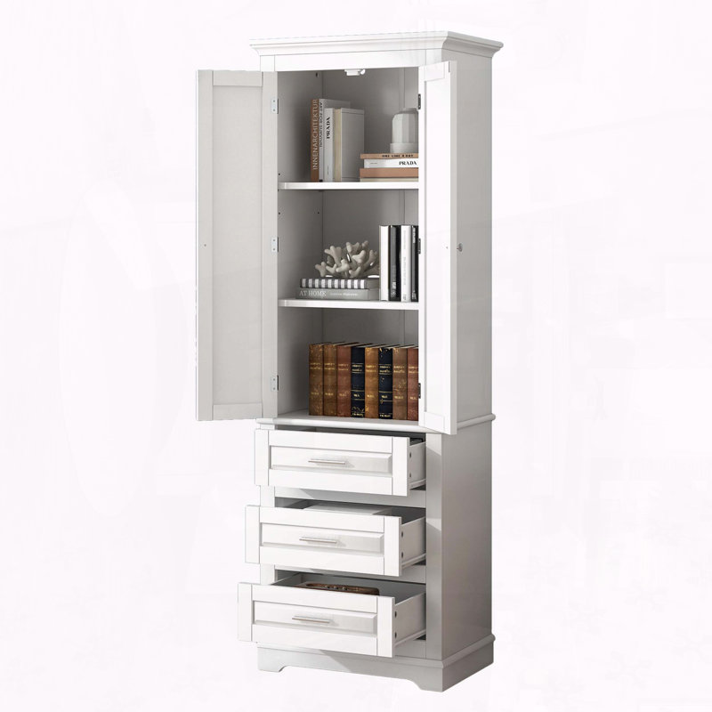 Tall Storage Cabinet with Three Drawers and Two Doors, White