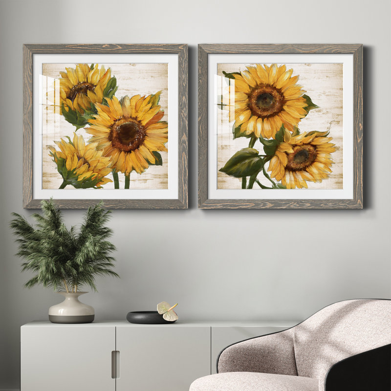 Tournesol d'été I - ensemble de 2 peintures, H 24 po x l 48 po, Papier dans un cadre photo, Gris