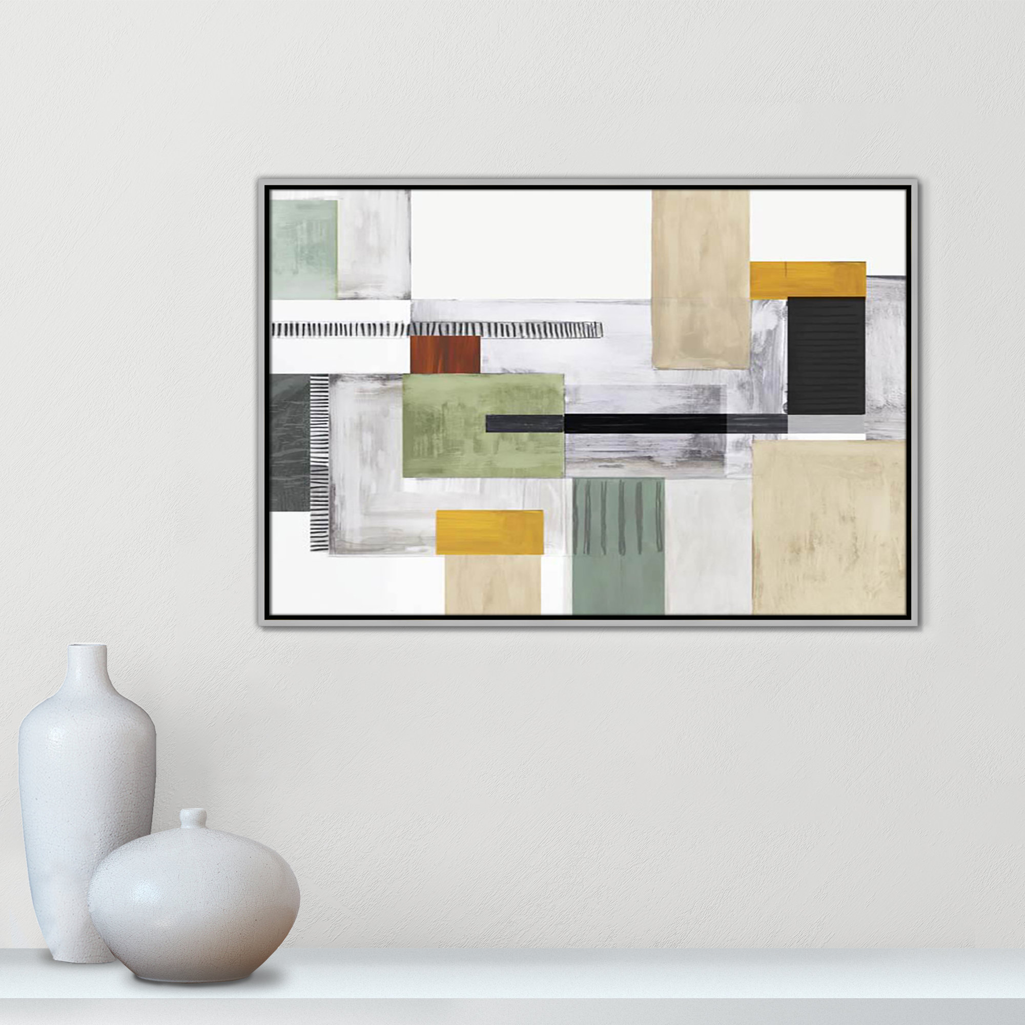 Playful Blocks by Tom Reeves, Silver Floater Framed, No Mat, 25.5" H x 37.5" W x 2" D