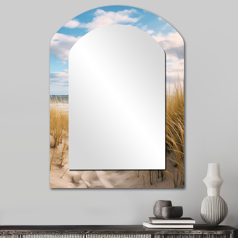 Path To The Beach V - miroir décoratif en arche de sable de plage, miroir mural asymétrique beige, impression d'art en métal