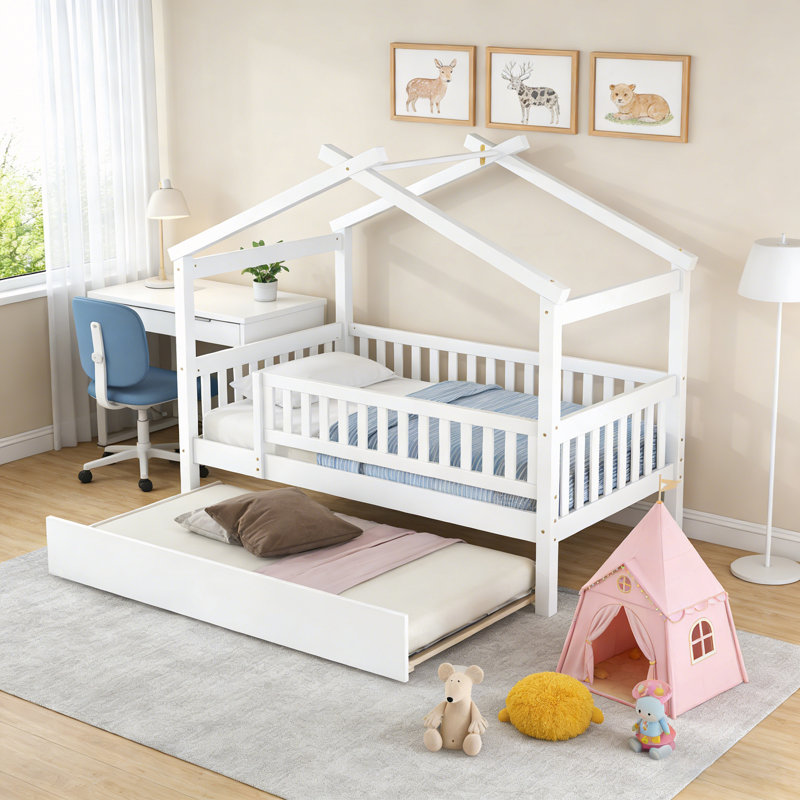 Twin Size Wooden House Bed With Trundle, Twin, White